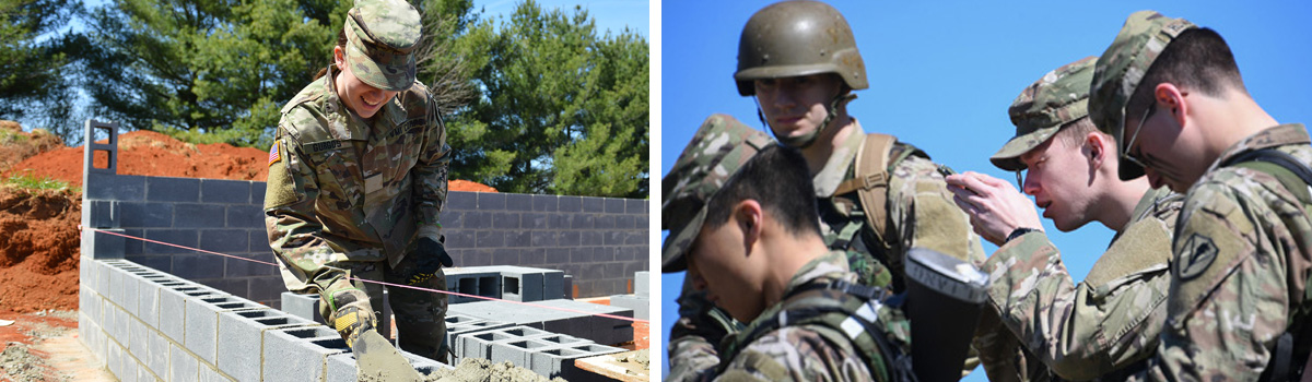 VMI cadet building foundation of a house and Naval ROTC Marine Company during spring field training exercises 2022