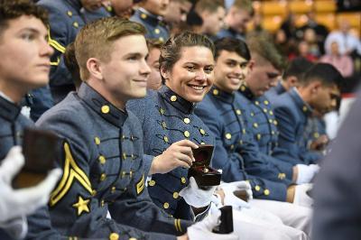 Cadets attend a presentation ceremony in Cameron Hall to receive their class rings.