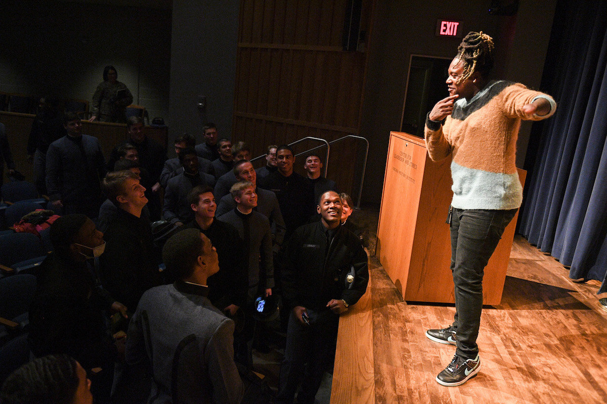 Virginia Military Institute welcomed Shaquem Griffin, retired NFL linebacker who played for the Seattle Seahawks, as he kicked off the Center for Leadership & Ethics (CLE) 2023 Courageous Leadership Speaker series Feb. 1 before a packed house in Gillis Theatre.