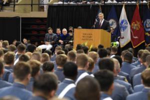 Ryan D. McCarthy ’96, 24th secretary of the U.S. Army speaks to VMI's Class of 2024 in Cameron Hall.