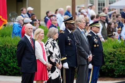 Family of the late G. Gilmer “Gil” Minor III ’63 and joined Maj. Gen. Cedric T. Wins ’85, superintendent; Tom Watjen, Board of Visitors president; and Col. Adrian T. Bogart III ’81, commandant, in taking review of the parade.