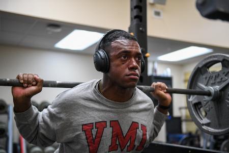 VMI cadets lifting weights in Cocke Hall part of the powerlifting club.