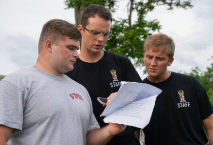 Students at VMI, a military college in Virginia, participate in planning during cadre week.