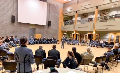 Cadets participating in a debate, part of VMI's Building BRIDGES Club, which is centered on community service.