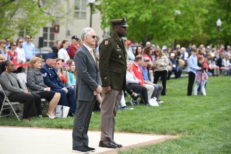 Sen. Thomas K. Norment Jr. ’68 joins Maj. Gen. Cedric T. Wins ’85 in taking review of the parade