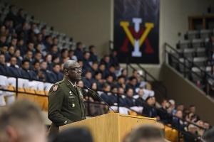 Maj. Gen. Cedric T. Wins ’85, superintendent, addresses attendees at VMI's joint commissioning ceremony May 2024.