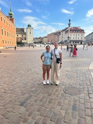 Audrey Grace Davis ’25 and Delilah Martindale ’25 enjoy the sites of downtown Warsaw.