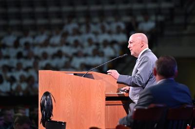 Adm. James Stavridis addresses the Corps of Cadets during the convocation ceremony in Cameron Hall. —VMI Photo by H. Lockwood McLaughlin.