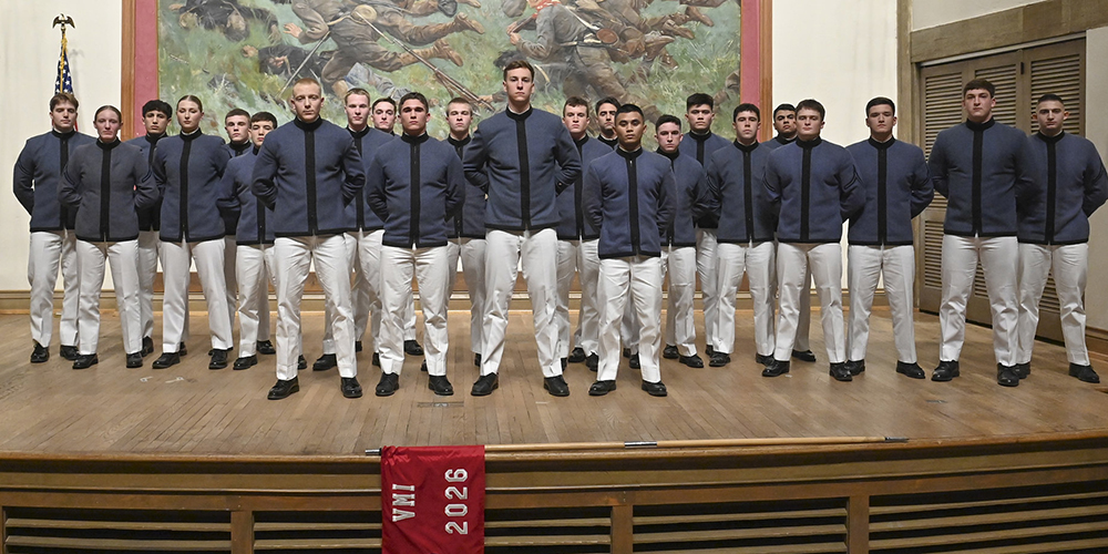 VMI cadet leadership for the 2025-2026  academic year poses for a group photo in Memorial Hall.