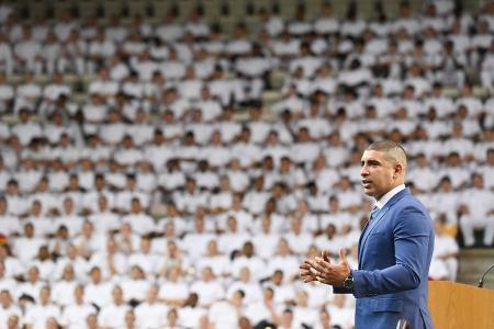 Retired U.S. Army Capt. Florent “Flo” Groberg speaks in Cameron Hall.