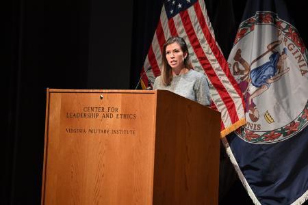 Amber Smith, former U.S. Army Kiowa helicopter pilot, and author of two books, was named VMI's Leader in Residence.