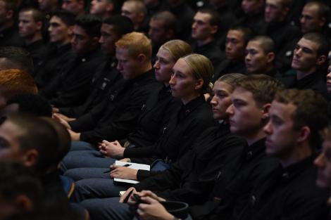 Cadets watch Amber Smith, former U.S. Army Kiowa helicopter pilot, and author of two books, was named VMI's Leader in Residence.