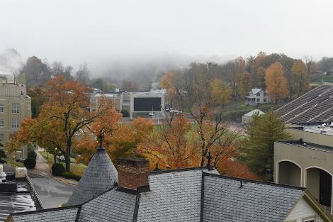 A foggy fall morning overlooking Foster Stadium at Virginia Military Institute.