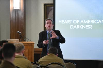 Robert G. Parkinson, Ph.D. shares the story of Capt. Michael Cresap with cadets in Moody Hall Feb. 19.