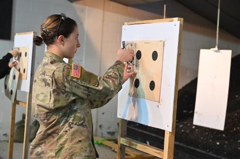 A cadet sets up targets during a VMI Pistol Club practice on North Post.