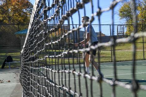 Cadets at VMI participating in the Racquets Sports Club, which focuses on playing tennis and pickleball.