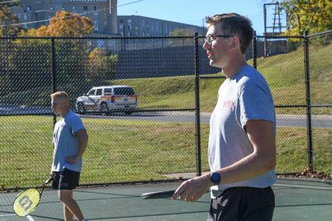 Cadets at VMI participating in the Racquet Sports Club, which focuses on playing tennis and pickleball.