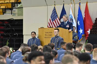 Lt. Gen. John “Dan” Caine ’90, addresses the Class of 2026 during the formal ring presentation ceremony in Cameron Hall. –VMI Photo by H. Lockwood McLaughlin.