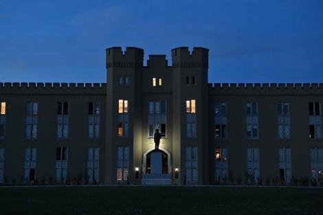 A nighttime view of barracks at Virginia Military Institute in Lexington, Virginia.