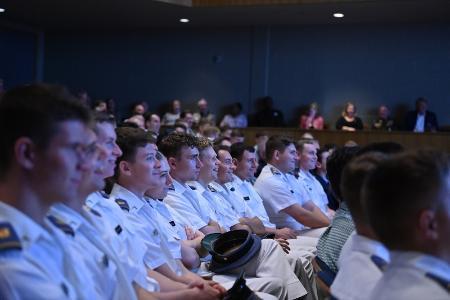 Cadets react to a humorous comment during the debate Oct. 3 in Gillis Theater. —VMI Photo by Kelly Nye.