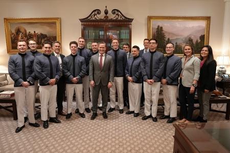 VMI cadets and professors, as well as alumni visit another alumnus, National Security Advisor Mike Waltz ’96 in the West Wing.