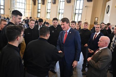 Virginia Governor Glenn Youngkin speaks with VMI students, known as cadets, in Crozet Hall on the last day of the 2024 fall semester at the Institute.