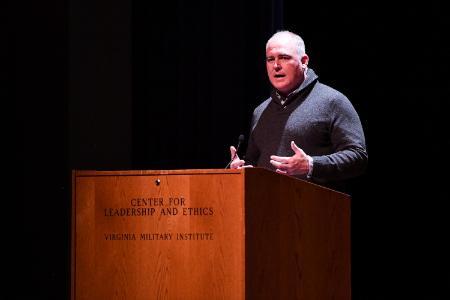 New York Times bestselling author, Ace Atkins, delighted an audience in Virginia Military Institute’s Gillis Theater Feb. 12 with conversation and readings from his fictional literary works.