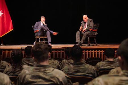 Dr. Phil Potter and Gen. Jay Paxton participate in a panel discussion at the George C. Marshall Leadership and Awards Seminar in Gillis Theater.