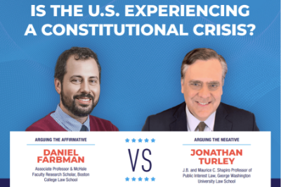 Flyer graphic for Steamboat Debate between Daniel Farbman and Jonathan Turley.