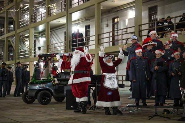 Students (cadets) at VMI celebrate the holidays in Barracks, with a surprise visit from Santa Claus.