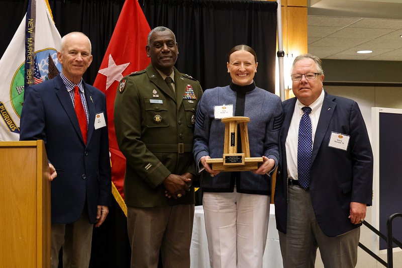 A cadet at VMI receives the Three-Legged Stool award for excellence in all aspects of the VMI undergraduate experience.