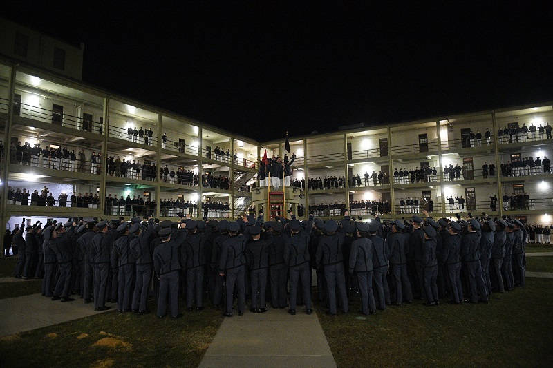 VMI freshman celebrate earning the right to be known as cadets rather than rats as they complete their Breakout and gather around the sentinel Box in Old Barracks.