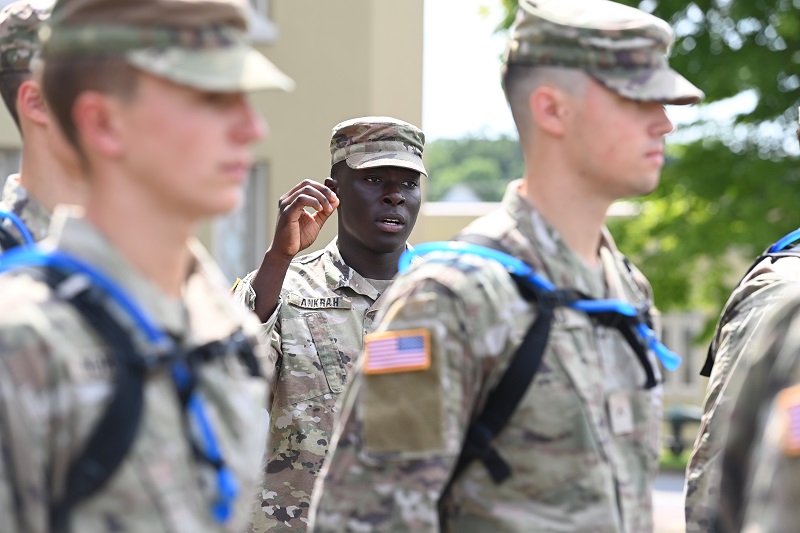 Cadet leader works with new recruits at VMI, a military college in Virginia.