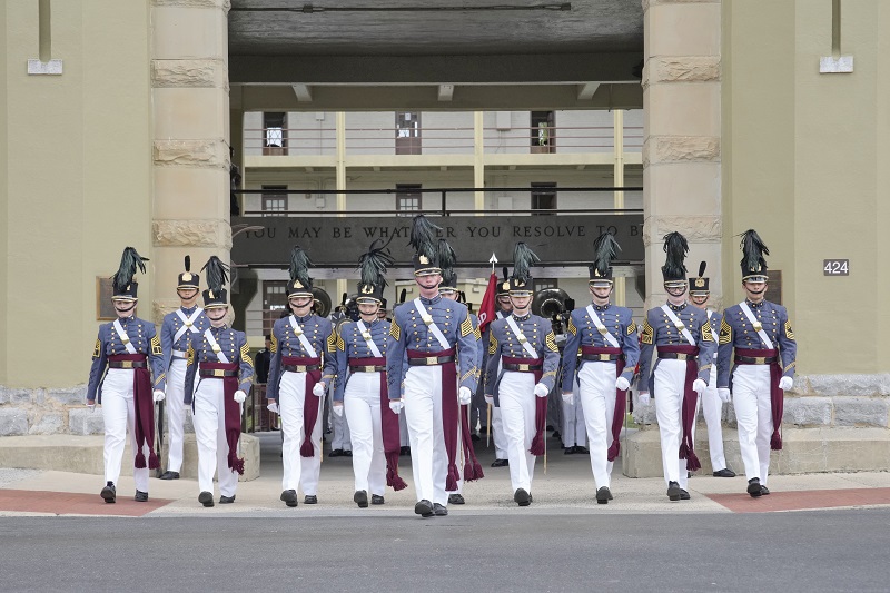 The VMI regimental commander and leadership lead the Corps of Cadets out of barracks, VMI dorms, for a parade.