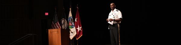 VMI superintendent Maj. Gen. Cedric T. Wins, Class of 1985 alumnus, speaks in Gillis Theater.