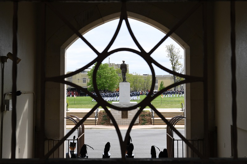 The statue of Gen. George C. Marshall, one of the most famous VMI alumni, stands in front of barracks.