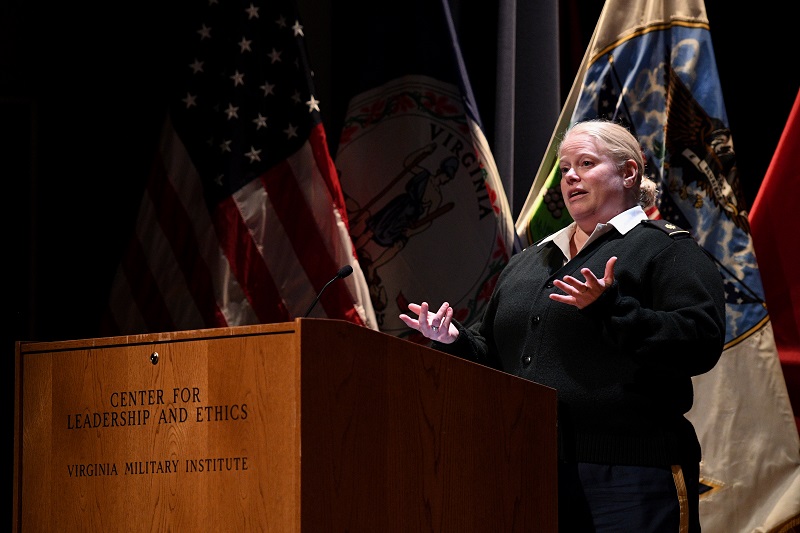 Maj. Molly Kent addresses the audience during VMI's Undergraduate Research Symposium.