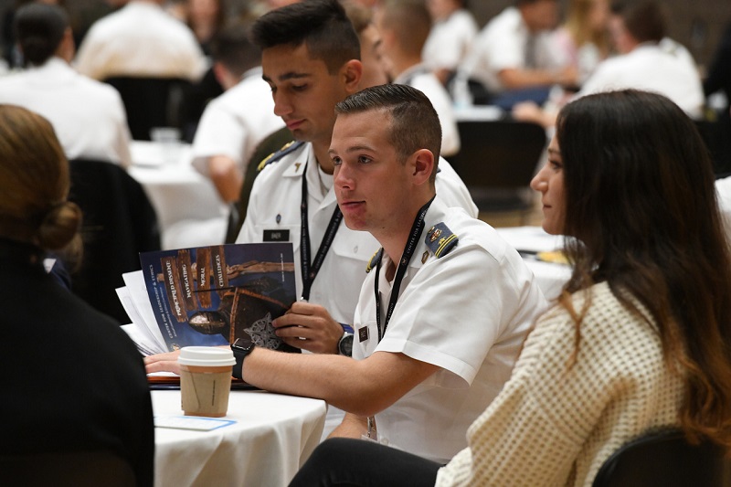 VMI cadets participate in a group discussion during an annual leadership conference.