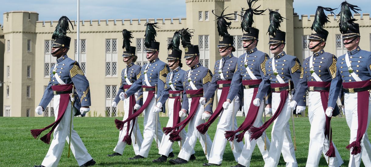 VMI Cadets march on post, the college campus, in full uniform.