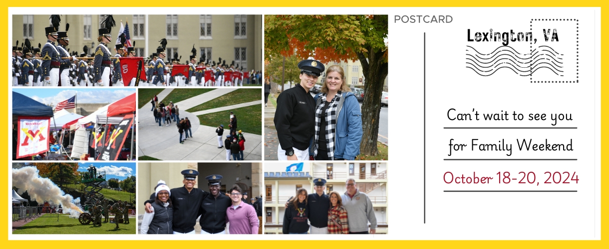 A stylized postcard shows cadets and families gathering on post during family weekend.