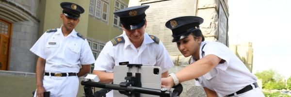 VMI electrical and computer engineering students - called cadets - work on developing a trail app.