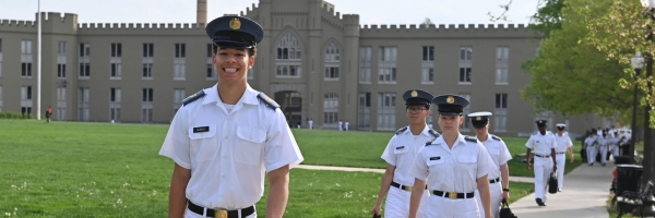 Students (cadets) at VMI, a military college, walk to class in uniform.
