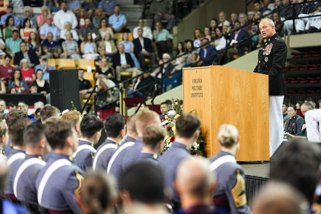 Lt. Gen. David Furness ’87 addresses graduates during Commencement.