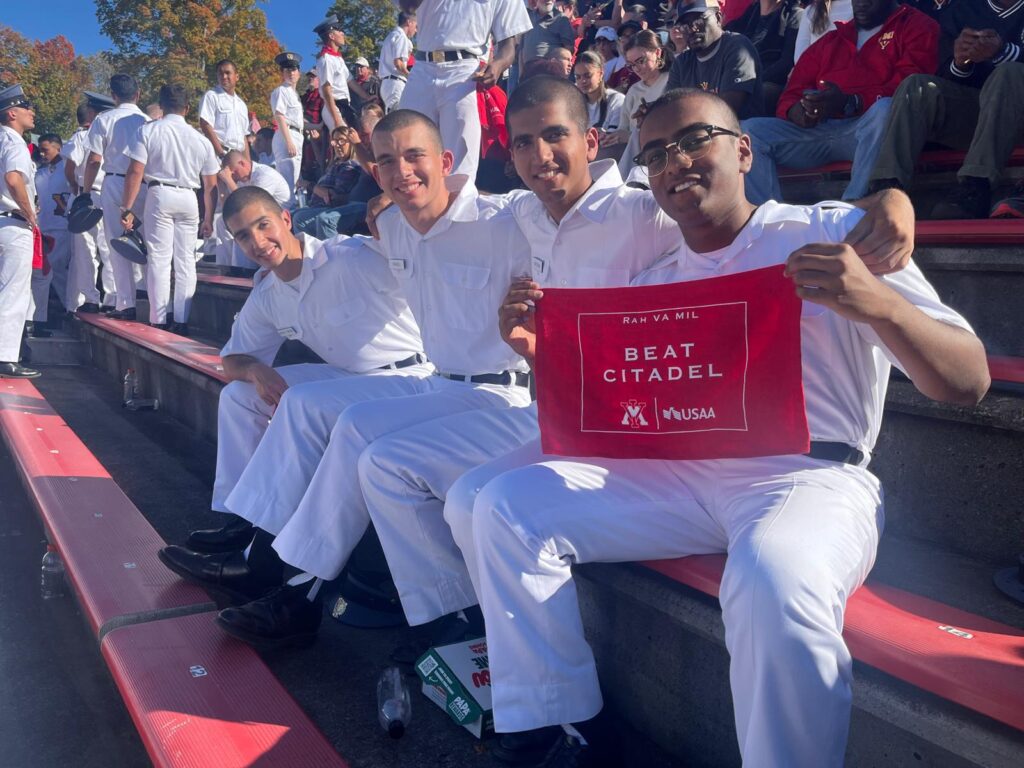 Diego Henao Ospina with his brother rats at a football game at Virginia Military Institute.