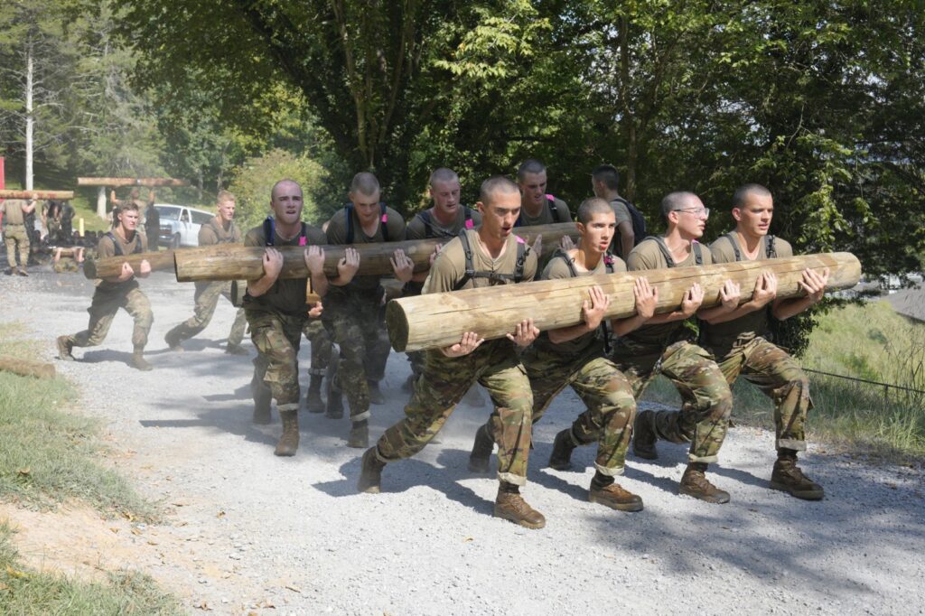 Cadets perform physical training activities on post at Virginia Military Institute.