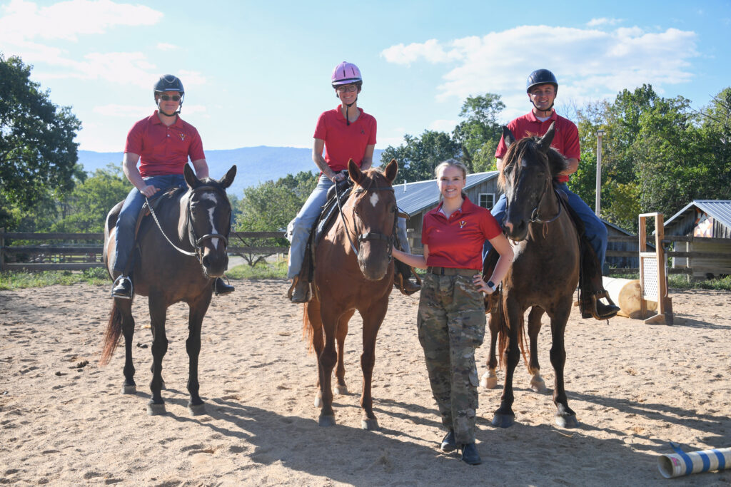 Cadets atop horses while participating in VMI's equestrian club.