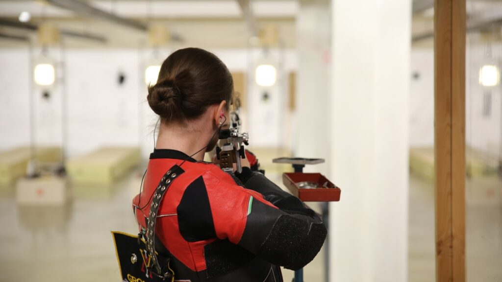 Katie Grochalski shooting a rifle as part of the Virginia Military Institute's rifle team.