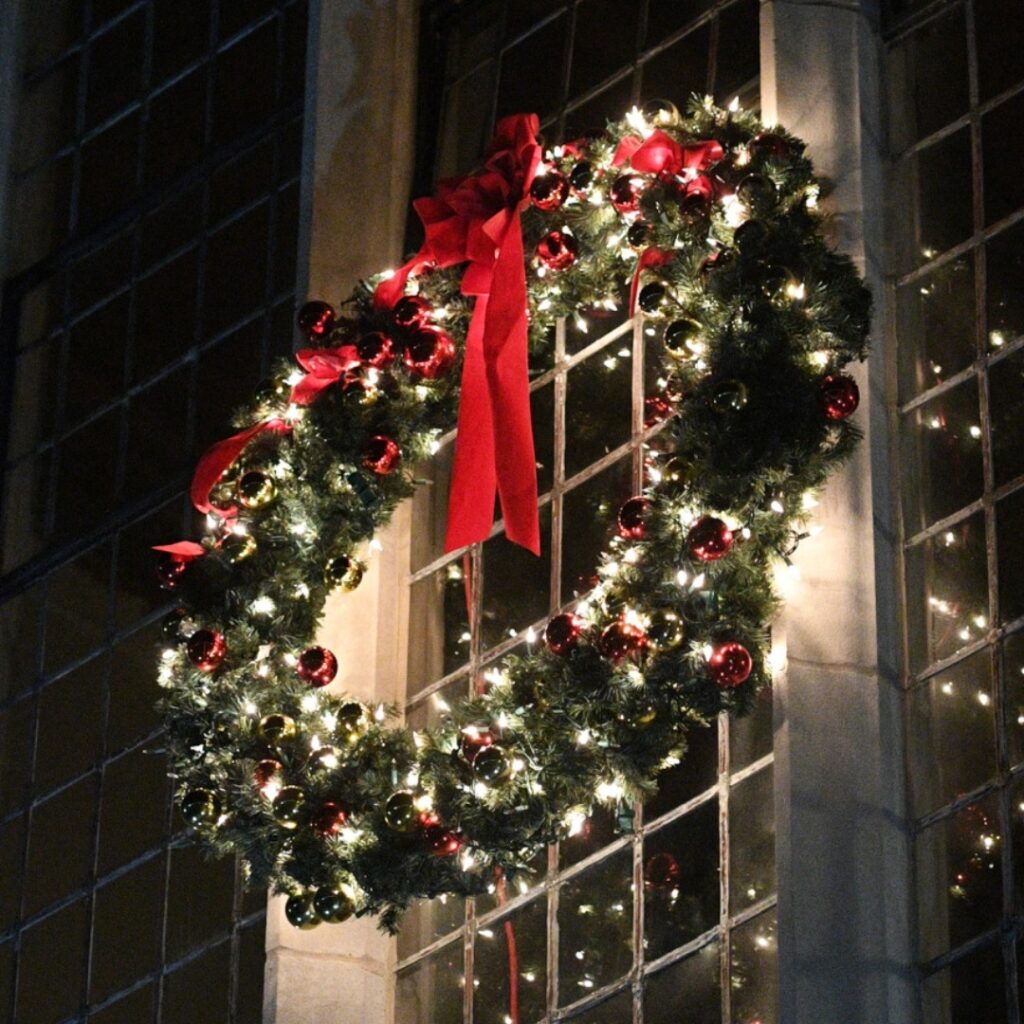 Holiday wreath hangs at Memorial Hall, the location of the VMI Museum.