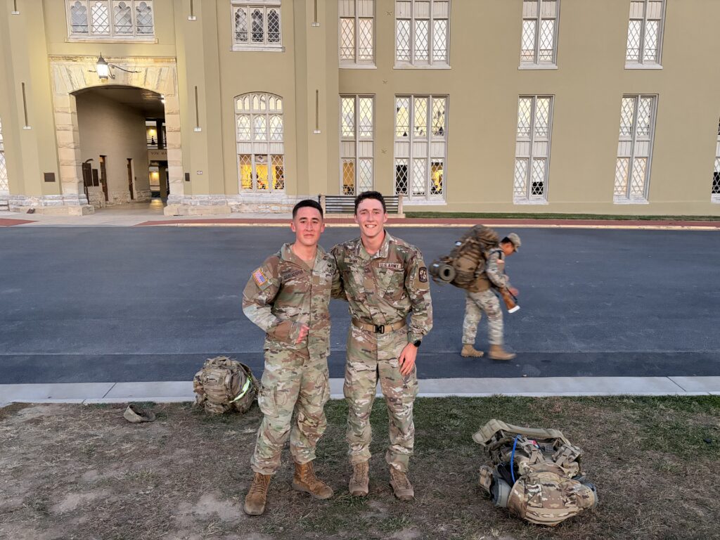 Cadet Jackson Geisendaffer with his brother rat outside of barracks at Virginia Military Institute.