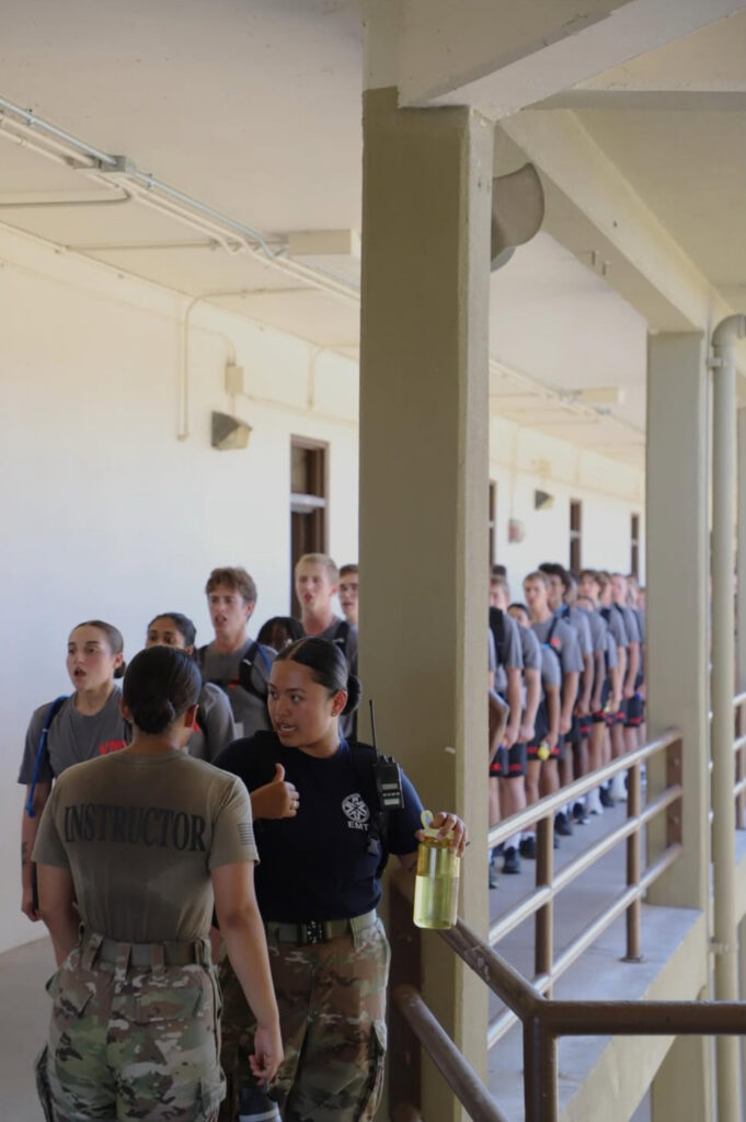 Bianca Marlang works as a cadet EMT during a Corps exercise in barracks at Virginia Military Institute.